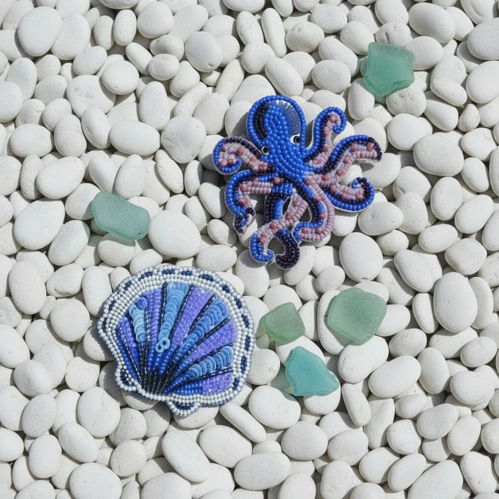 Blue Shell Beaded Brooch