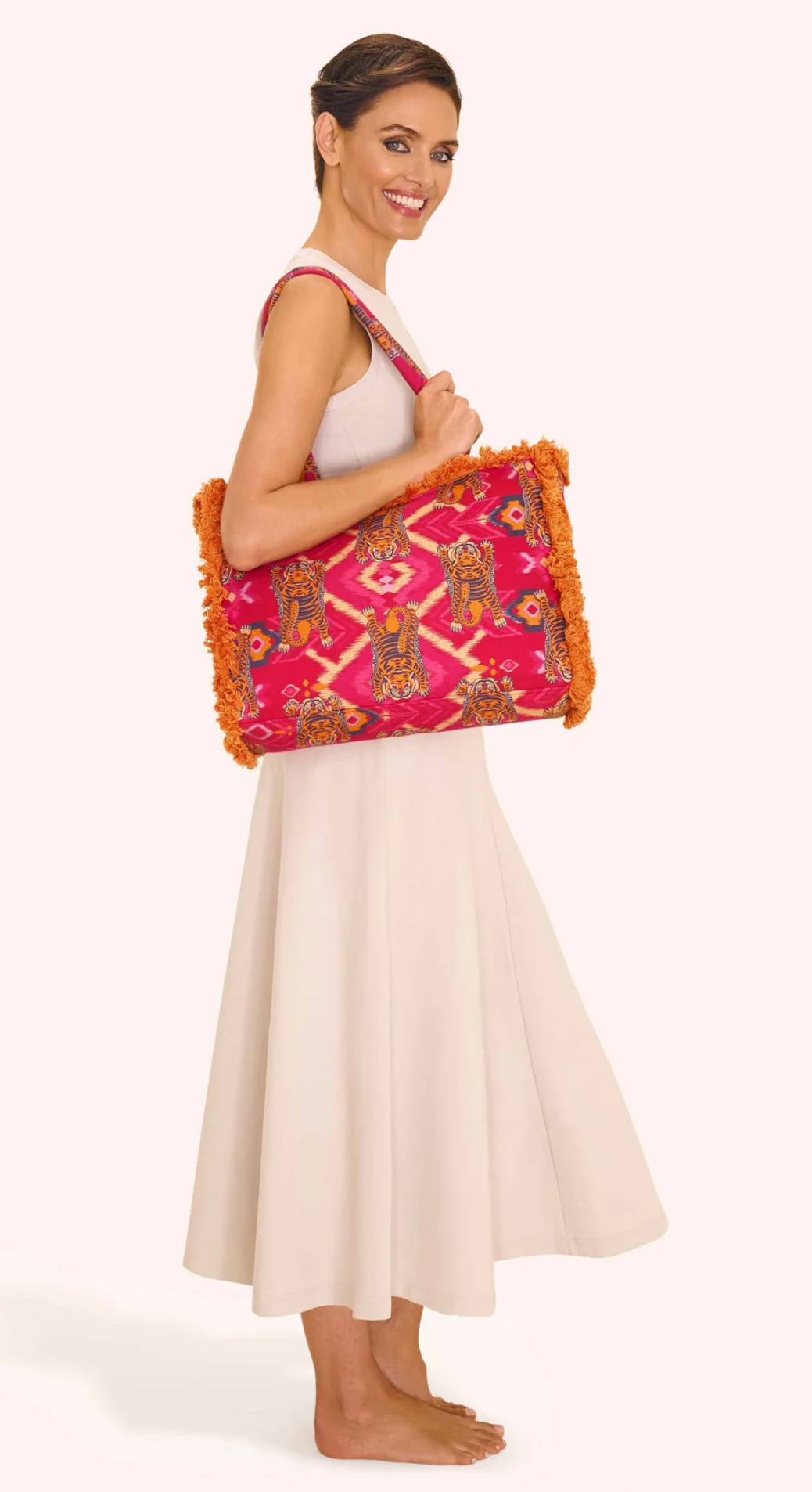 Fringed Box Tote Bag Ikat Tigers in Fuchsia