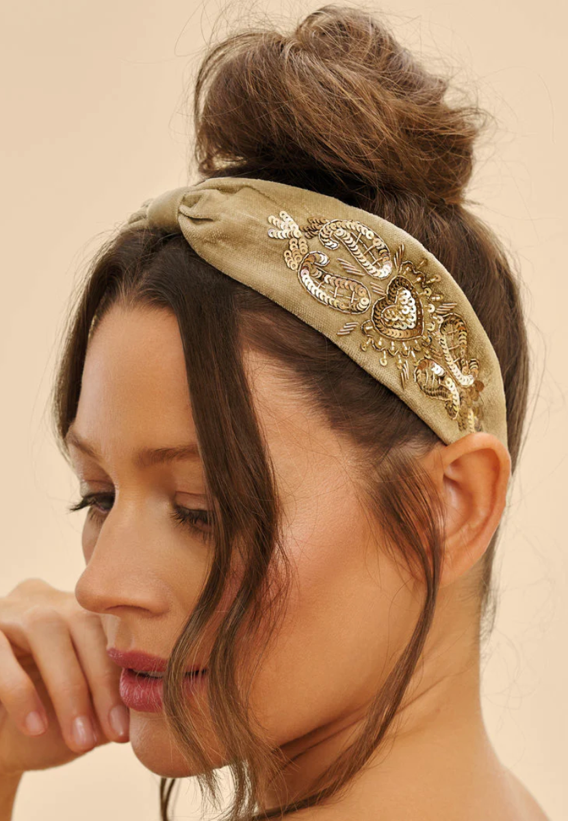 Velvet Embellished Headband - Sage Heart