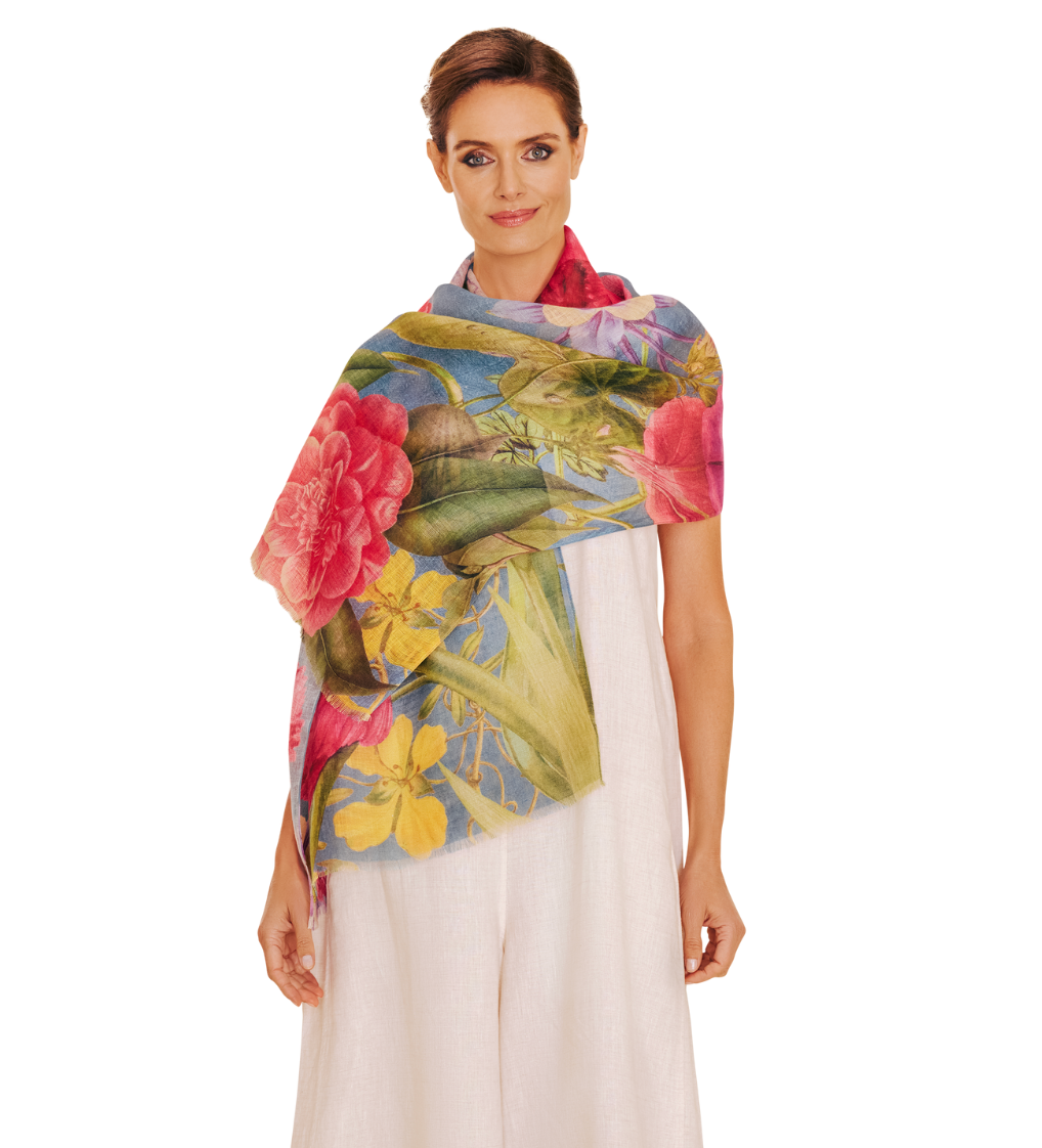 Floral Study Linen Cotton Scarf in Denim