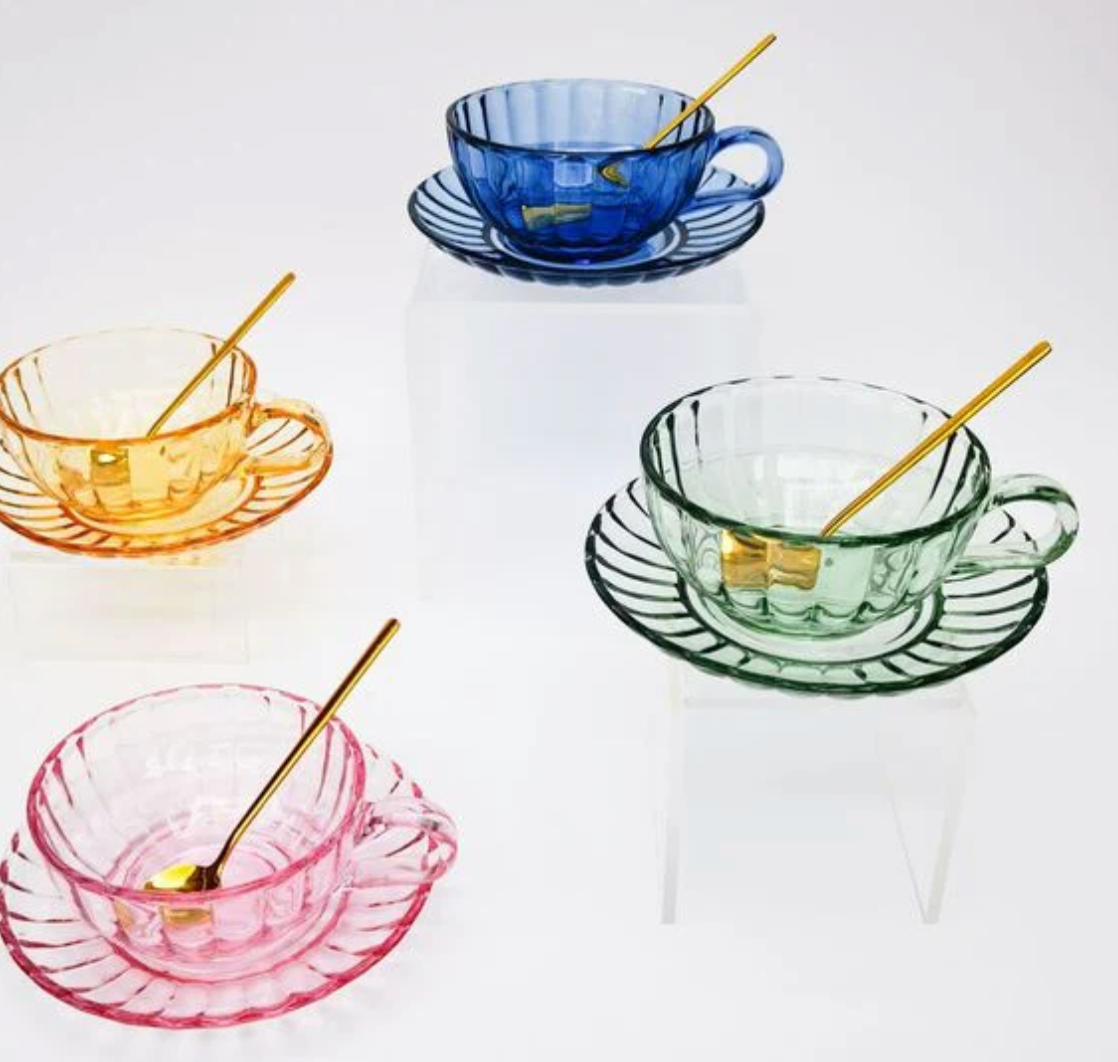 Maisy Glass Tea Cup and Spoon Set in Pink
