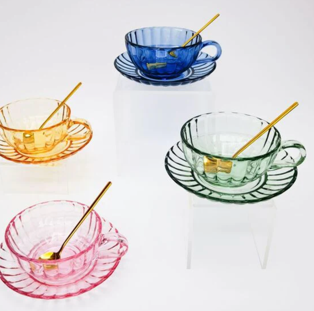 Maisy Glass Tea Cup and Spoon Set in Blue