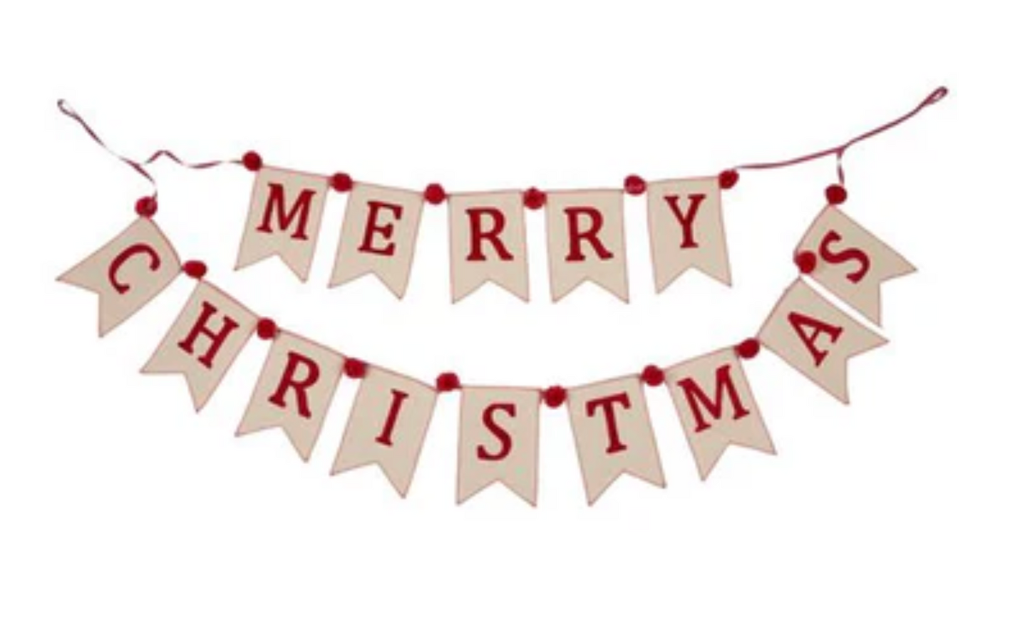 Merry Christmas Cream & Red Pom Pom Bunting