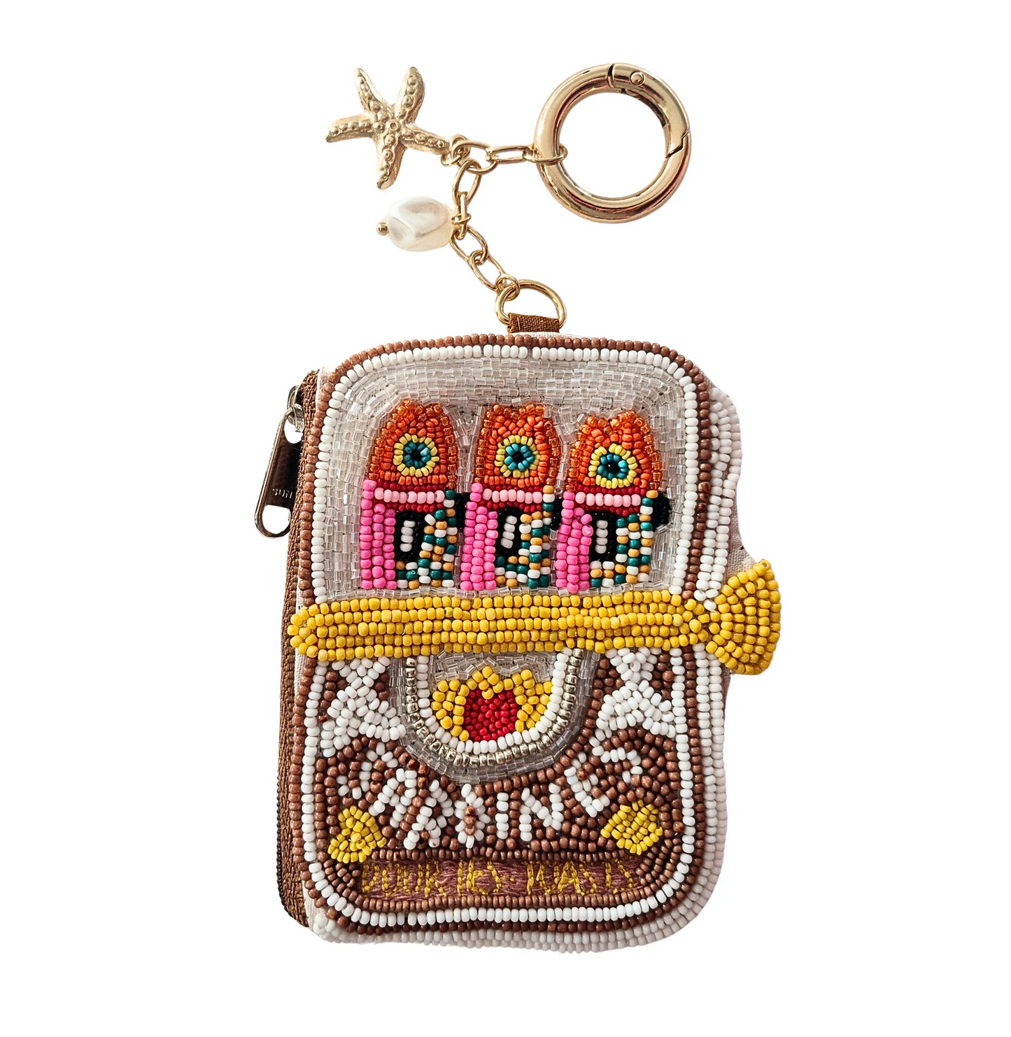 Sardines Beaded Pouch Keychain - Latte