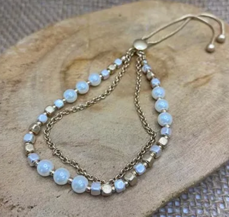 Two Tone Pearl and Bead Slider Bracelet