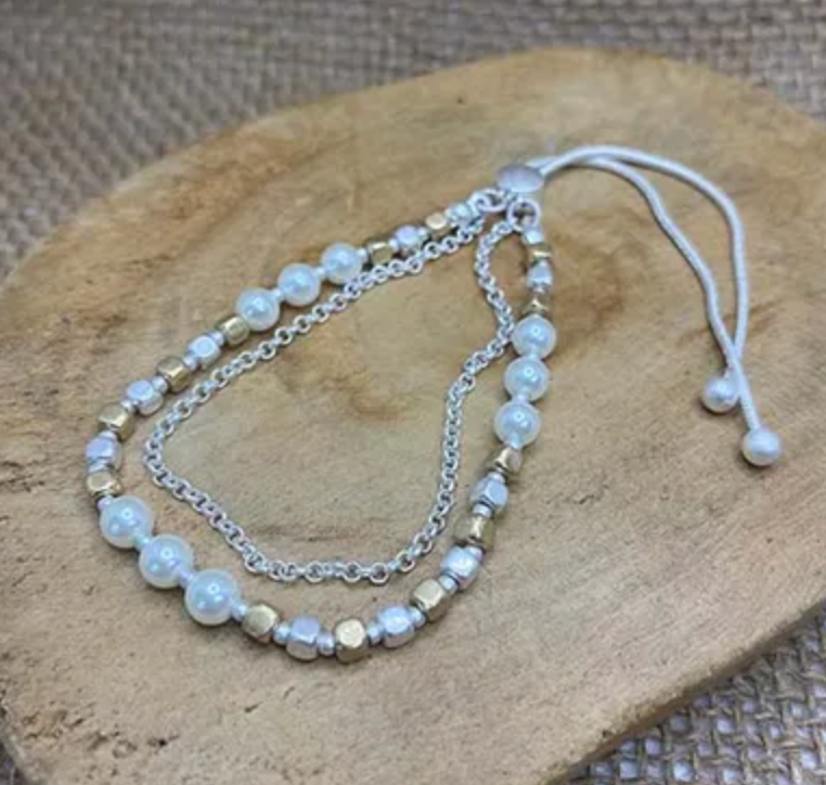 Two Tone Pearl and Bead Slider Bracelet