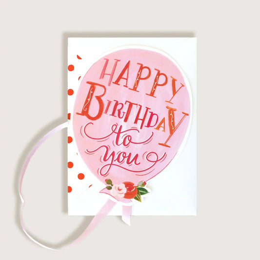 Happy Birthday Pink Balloon with Pink Ribbon Greeting Card