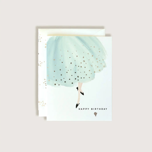 Happy Birthday Blue Dress Silver Foil Stars Greeting Card
