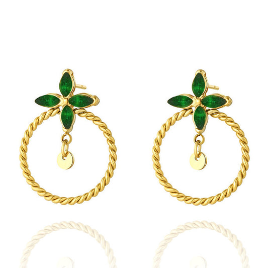 Gold Hoop with Green Floer Earrings