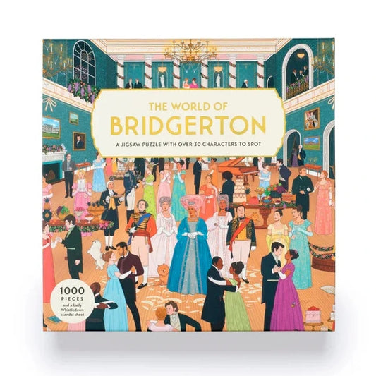 Puzzle box featuring 'The World of Bridgerton' with colorful illustration of people in a room.
