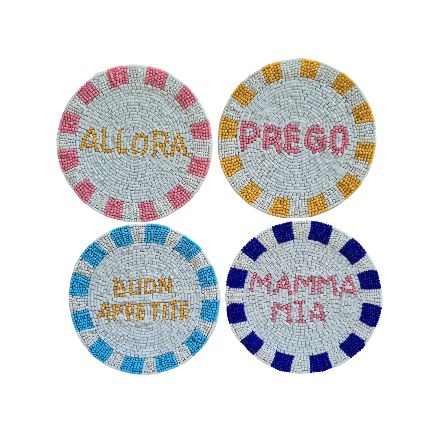 Allora Prego Boun Appetite and Mumma Mia Beaded Coasters