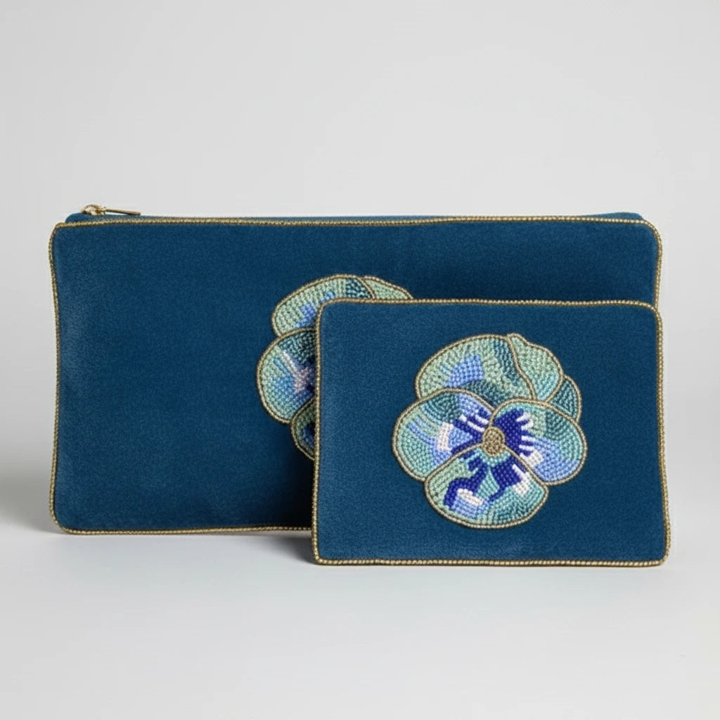 Blue Pansy Beaded Pouch