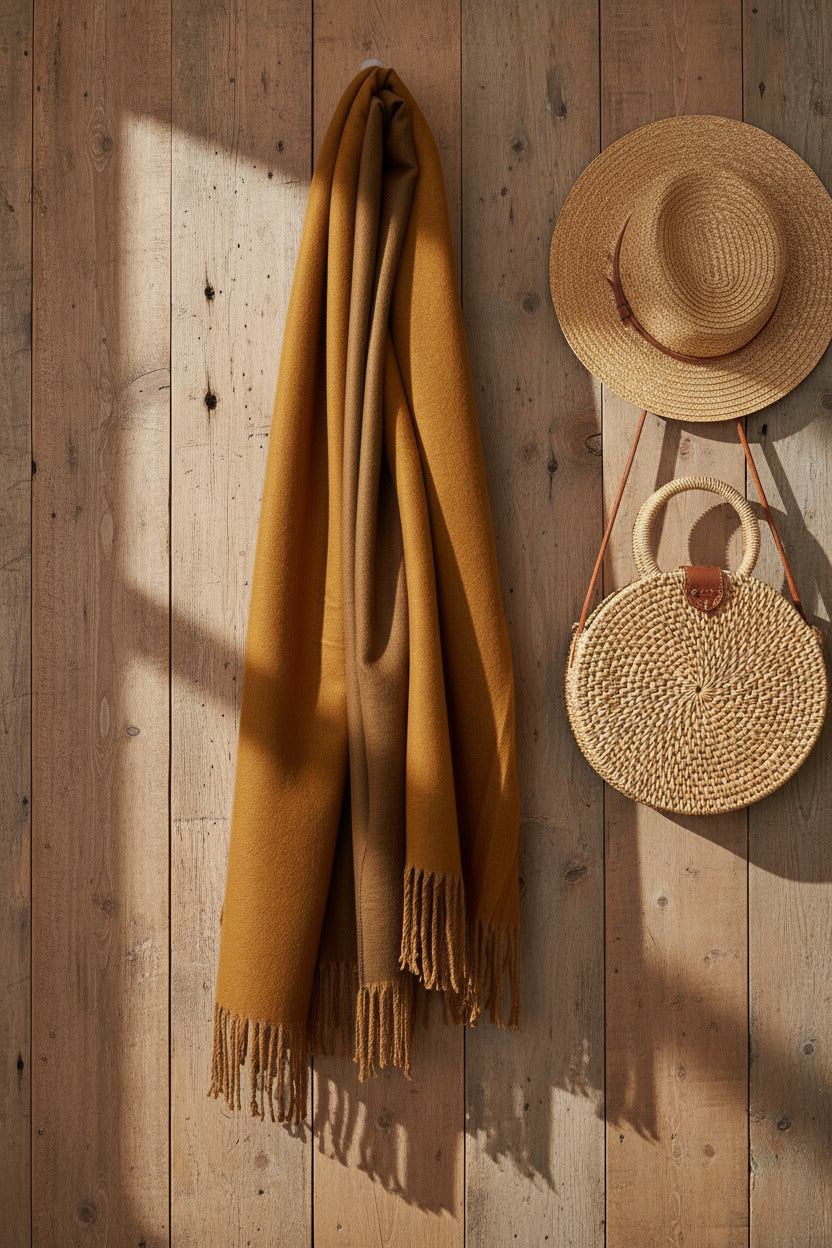 Double-sided Cashmere Scarf - Tan & Mustard