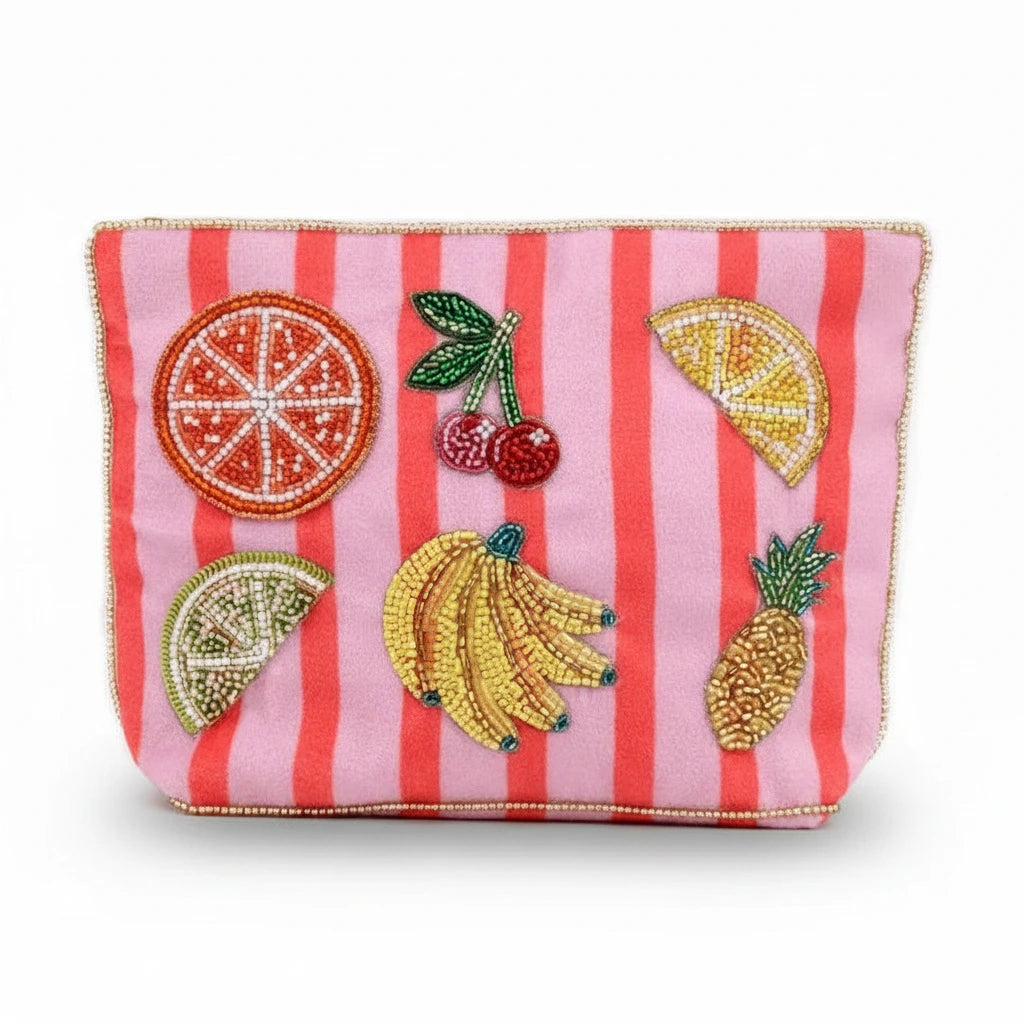 Striped pouch with fruit designs on a white background