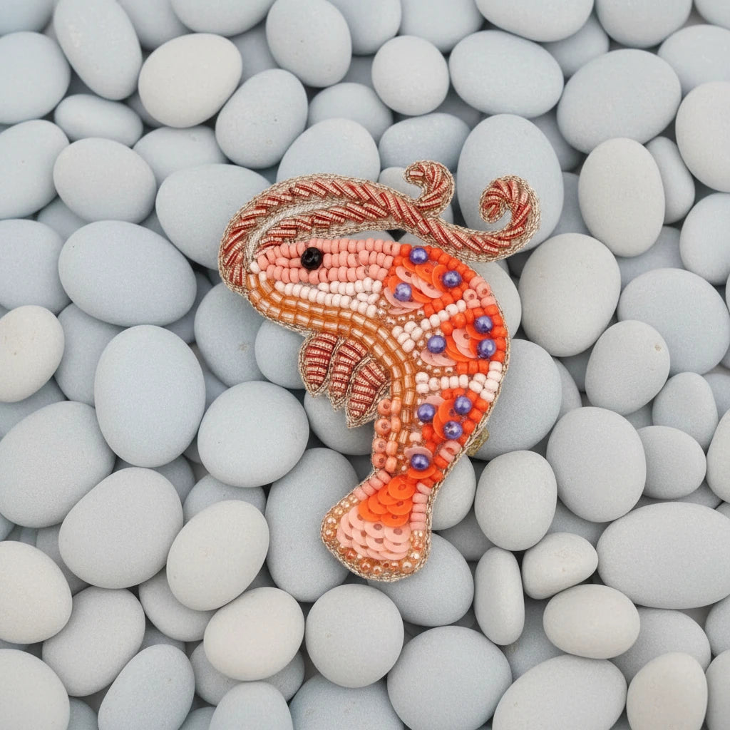 Prawn Beaded Brooch