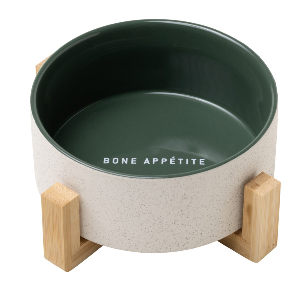 Dog Bowl with Wooden Stand - Green