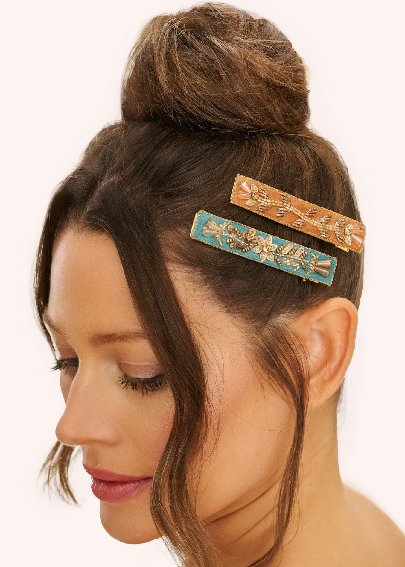 Narrow Jewelled Hair Bars - Turquoise and Mustard