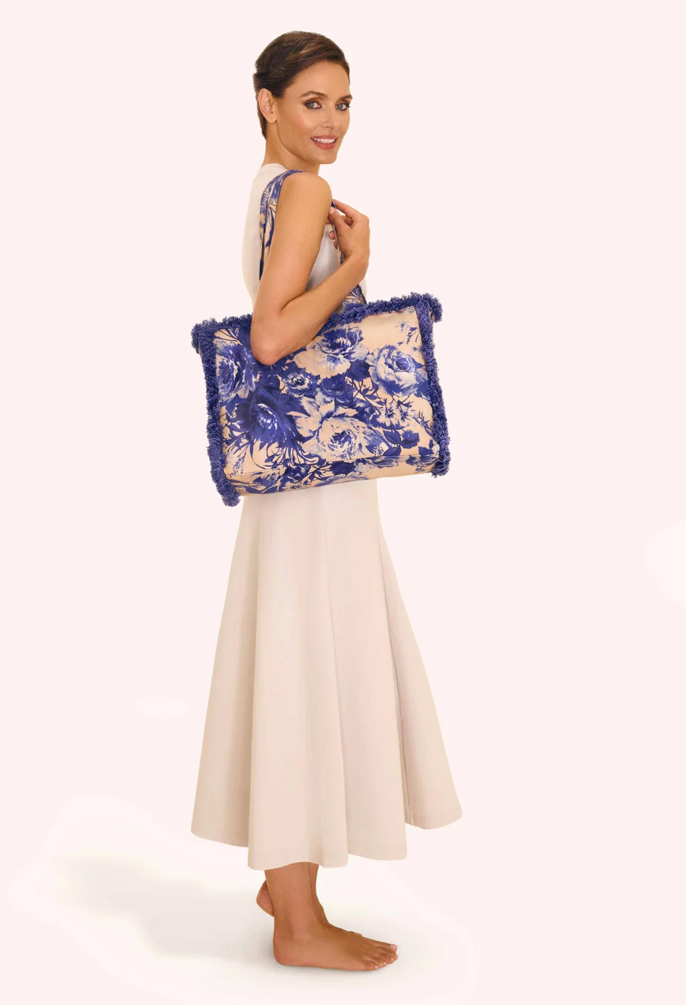 Fringed Box Tote Bag China Blue Blooms