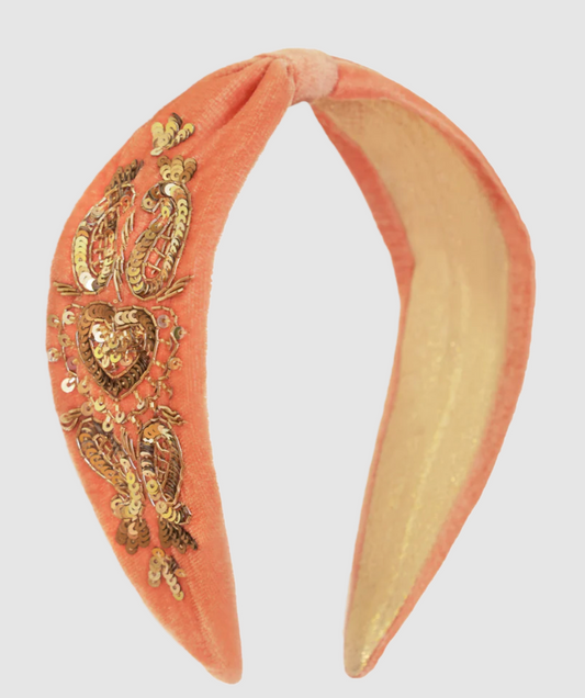 Velvet Embellished Headband - Coral Heart