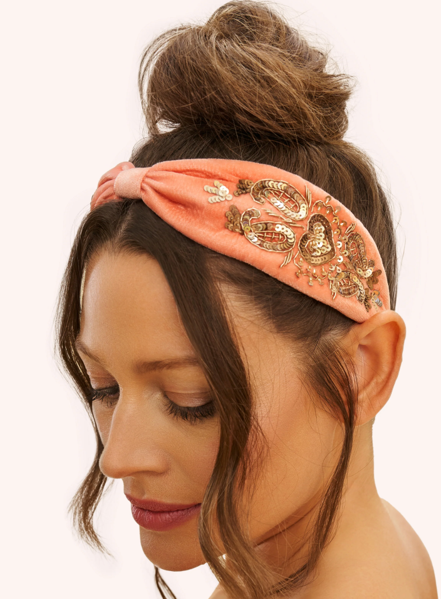Velvet Embellished Headband - Coral Heart