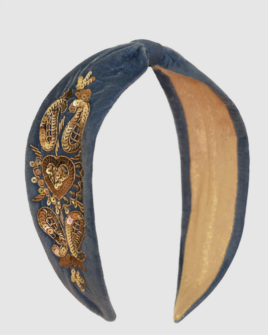 Velvet Embellished Headband - Royal Blue Heart
