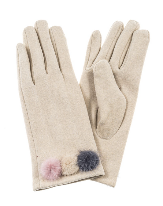 Triple Pom Pom Beige Gloves