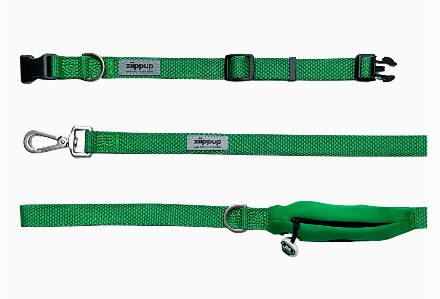 Green Dog Leash with Built-in Poop Bag Holder