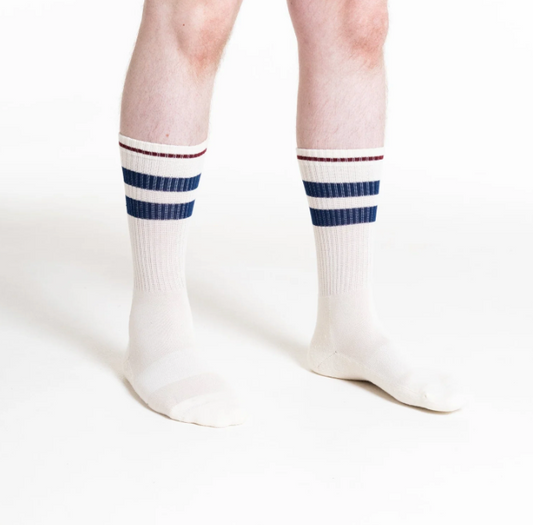 Striped Crew Socks in Snow with Stormy Blue