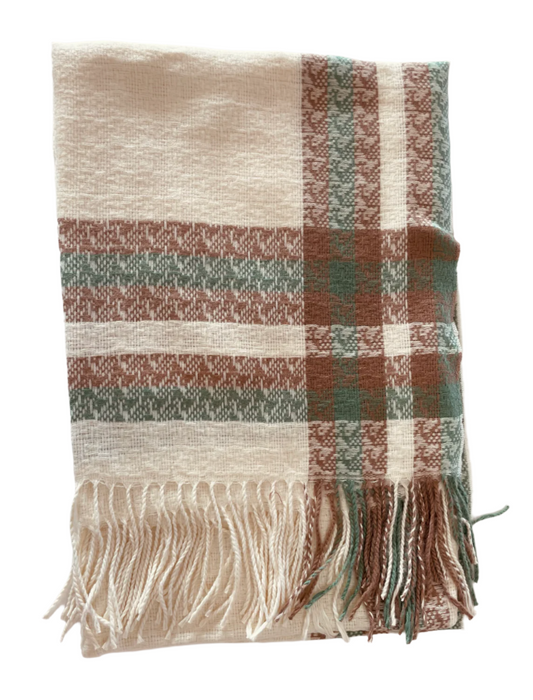 Cream Scarf wth Green & Camel Trim