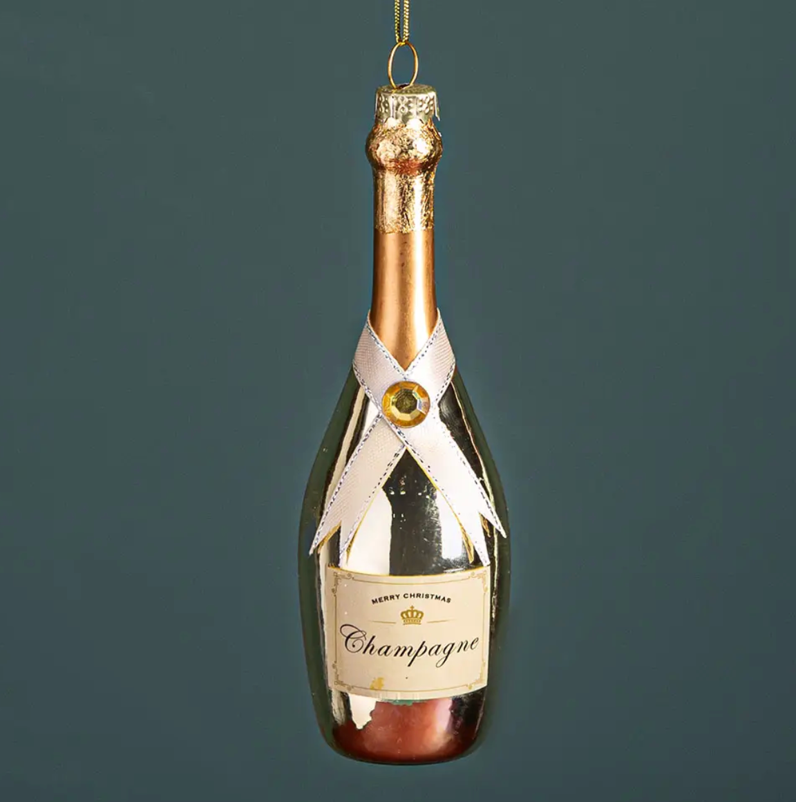 Gold Champagne Bottle Glass Ornament