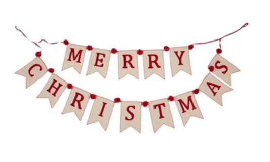 Merry Christmas Cream & Red Pom Pom Bunting