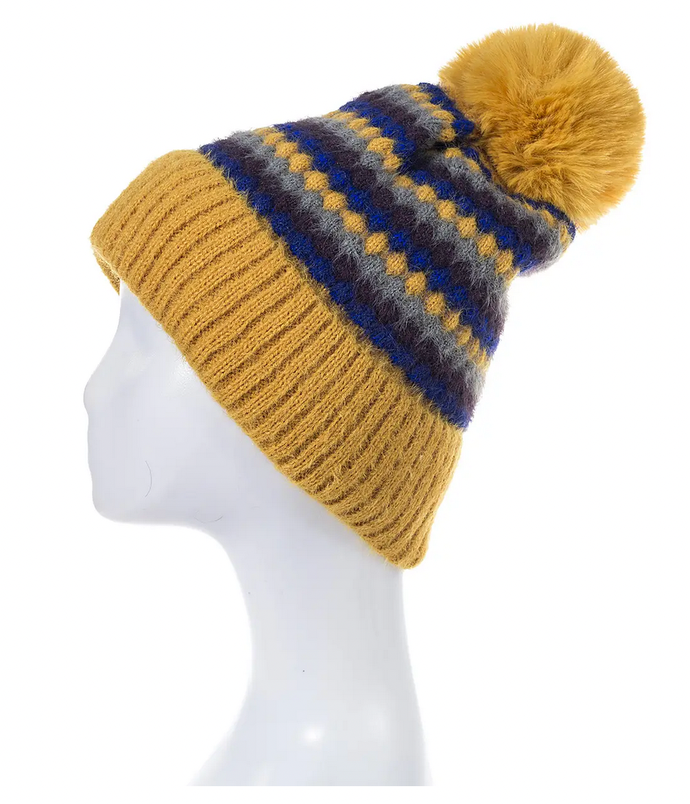 Beanie Hat Mustard Pom Pom