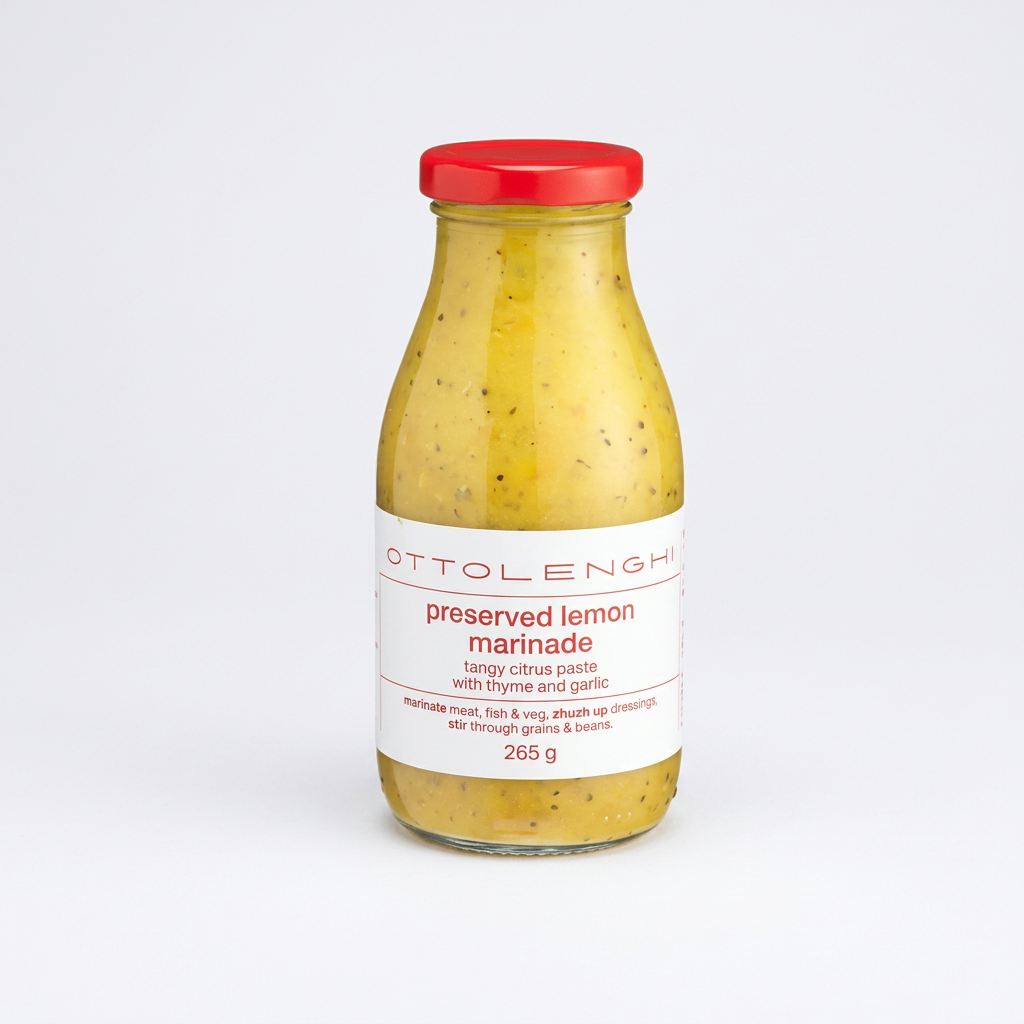 A glass bottle of Ottolenghi preserved lemon marinade with a red screw cap and a white label, shown on a plain white background.
