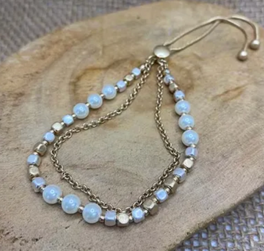 Two Tone Pearl and Bead Slider Bracelet