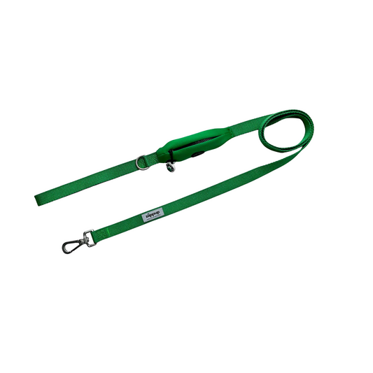Green Dog Leash with Built-in Poop Bag Holder