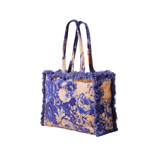 Fringed Box Tote Bag China Blue Blooms