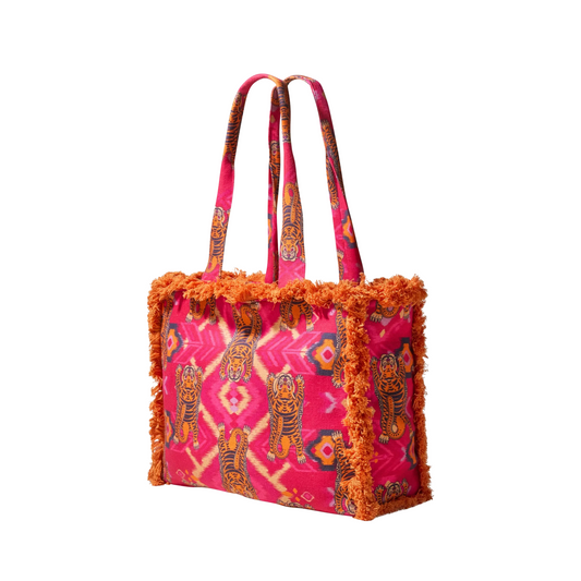 Fringed Box Tote Bag Ikat Tigers in Fuchsia