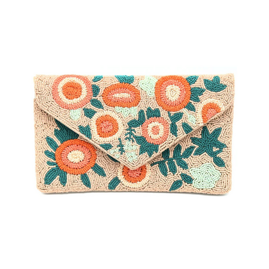 Beaded Orange Floral Clutch