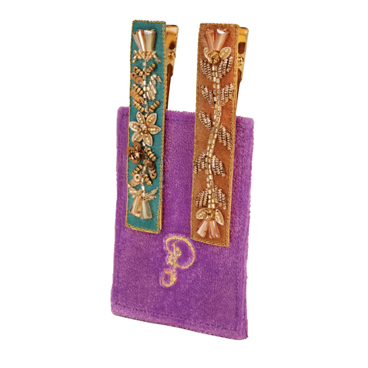 Narrow Jewelled Hair Bars - Turquoise and Mustard