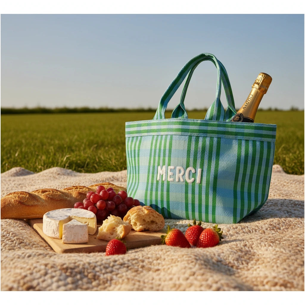 Green and blue striped tote bag with 'MERCI' text in white