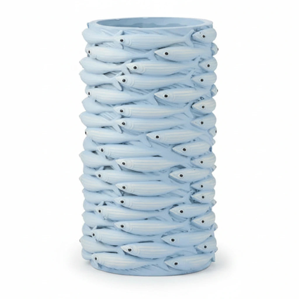 Cylindrical vase with fish design on a white background