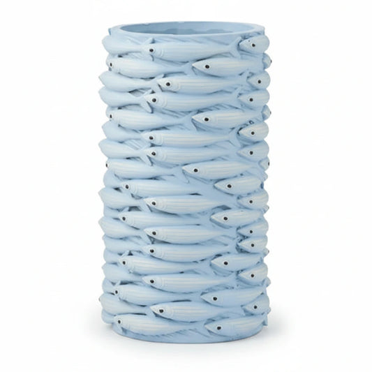 Cylindrical vase with fish design on a white background